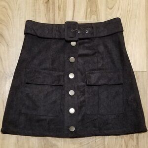 Olivaceous M Faux Suede Mini Skirt Button Front Belt Pockets Black Cute Goth